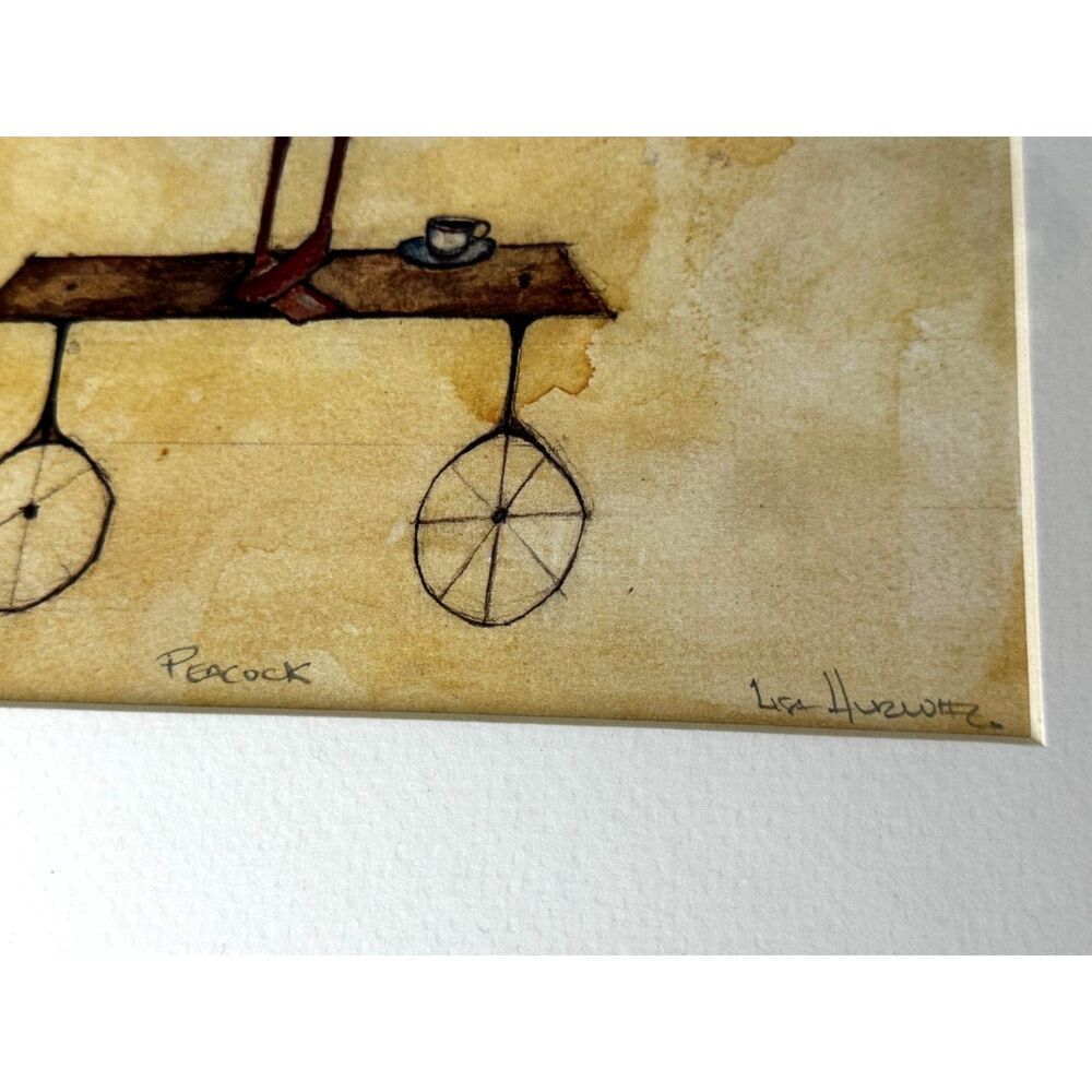 Original Lisa Hurwitz watercolor painting peacock with tea cup framed and signed - Picture 5 of 6